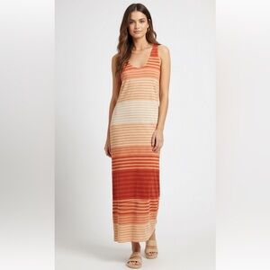 Joie Belina Linen Blend Aurora Red Orange Striped Midi Dress Size M Coastal
